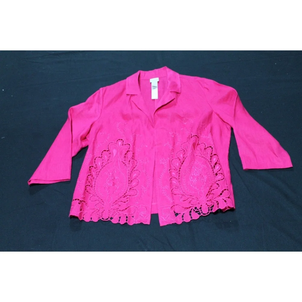 Chico's Size 2 Pink Linen Embroidered Cutwork Jacket Open Front 3/4 Sleeve